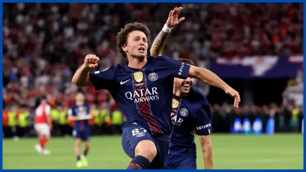 Joao Neves celebrates CL win.