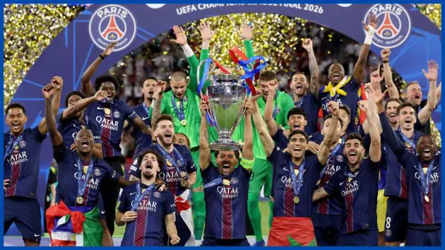 PSG celebrate with the Champions League trophy.